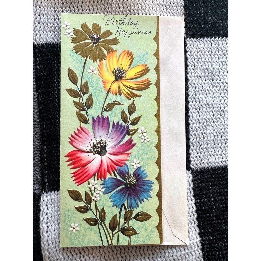 Vintage Famous Artists Studios Birthday Card Floral Embossed Scalloped Unused